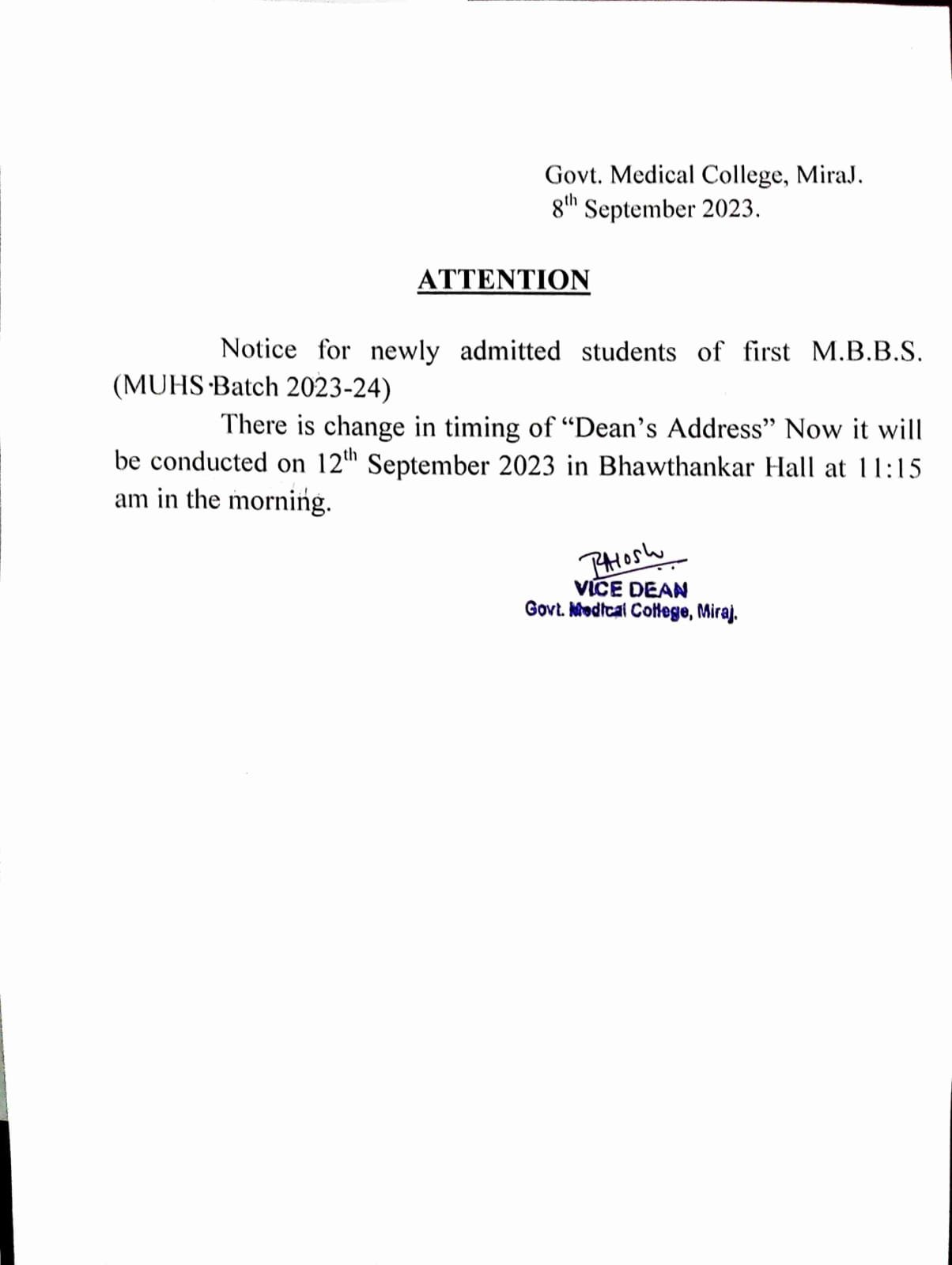Important Notice for Ist Year MBBS 2023-24 
